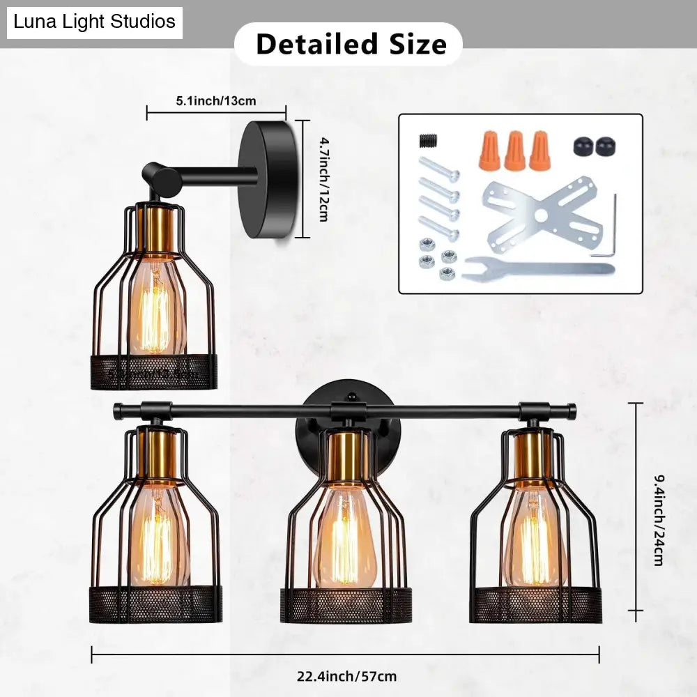 Retro Industrial Metal Cage Vanity Wall Light - 3 Fixture
