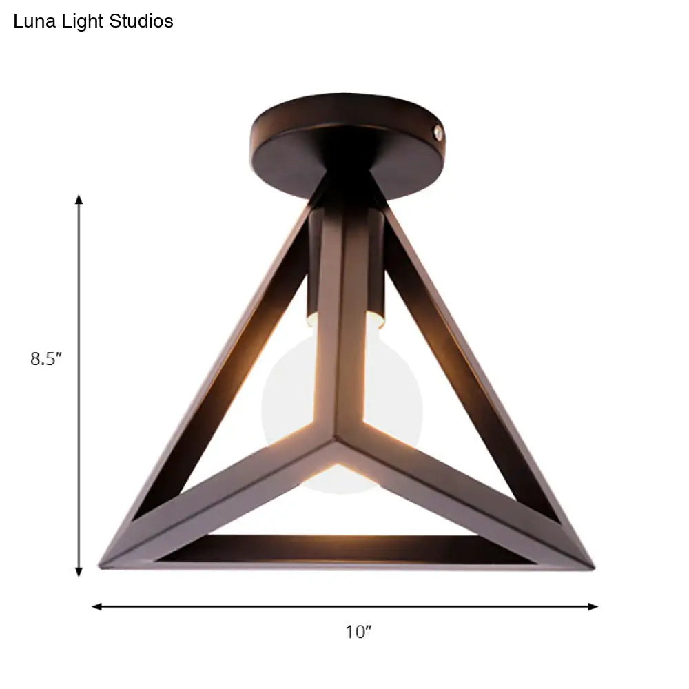 Retro Industrial Wire Cage Ceiling Light With Triangle Shade - 1 Head Metal Lamp In Black/Grey/White