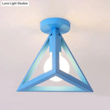 Retro Industrial Wire Cage Ceiling Light With Triangle Shade - 1 Head Metal Lamp In Black/Grey/White