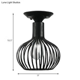 Retro Loft Globe/Pear Cage Ceiling Fixture - Metallic Semi-Flush Mount Light In Black For Hallway