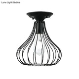 Retro Loft Globe/Pear Cage Ceiling Fixture - Metallic Semi-Flush Mount Light In Black For Hallway