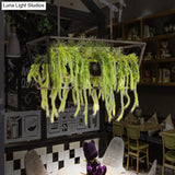 Retro Metal 2-Headed Black Led Drop Lamp For Restaurant Island Ceiling - Trapezoid Design With Plant