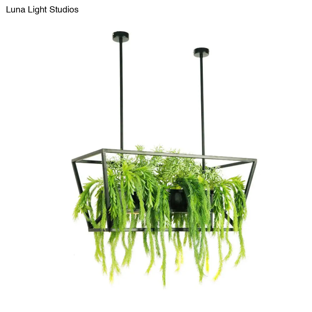 Retro Metal 2-Headed Black Led Drop Lamp For Restaurant Island Ceiling - Trapezoid Design With Plant