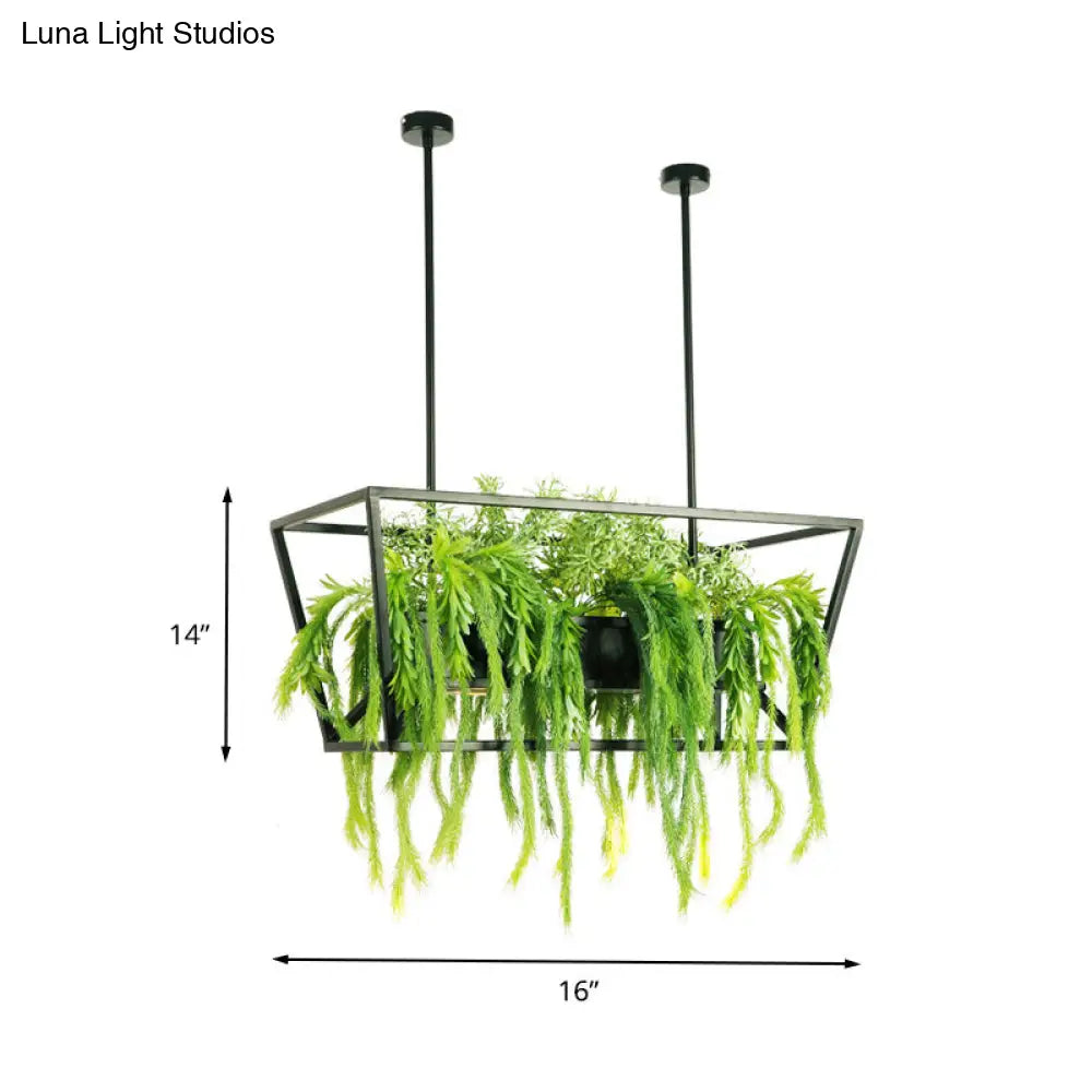 Retro Metal 2-Headed Black Led Drop Lamp For Restaurant Island Ceiling - Trapezoid Design With Plant