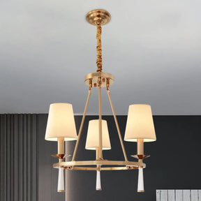Retro Metal 3-Light White Pendant Chandelier For Dining Room - Ring Design With Cone Fabric Shade