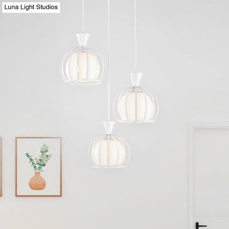 Retro Metal Dome Cage Pendant Light With Milk Glass Shade - 3 Bulb Indoor Hanging Fixture In