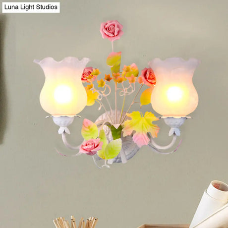 Retro Metal Flower Sconce Light With Glass Shade - Bedroom Wall Mounted Fixture 2 Heads And Bloom