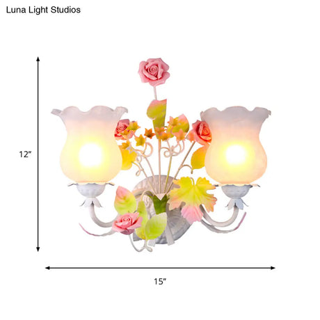 Retro Metal Flower Sconce Light With Glass Shade - Bedroom Wall Mounted Fixture 2 Heads And Bloom