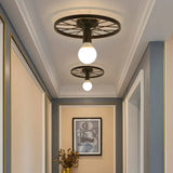 Retro Metal Pendant Light - Wheel Shaped Semi Flush Mount With 1 Bulb And Black Finish For Corridors