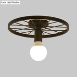 Retro Metal Pendant Light - Wheel Shaped Semi Flush Mount With 1 Bulb And Black Finish For Corridors