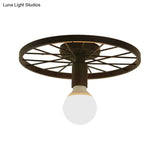 Retro Metal Pendant Light - Wheel Shaped Semi Flush Mount With 1 Bulb And Black Finish For Corridors