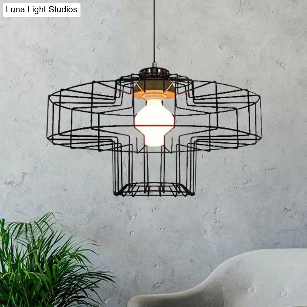 Retro Metal Pendant Light With Barrel/Cylinder Cage Shade - Bedroom Hanging Lamp In Black