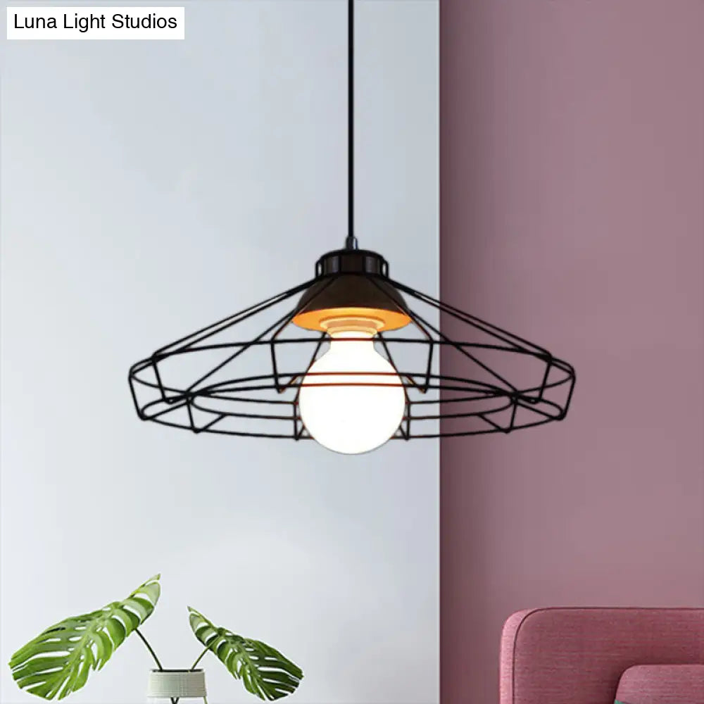 Retro Metal Pendant Light With Barrel/Cylinder Cage Shade - Bedroom Hanging Lamp In Black