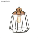 Retro Metal Pendant Light With Barrel/Cylinder Cage Shade - Bedroom Hanging Lamp In Black
