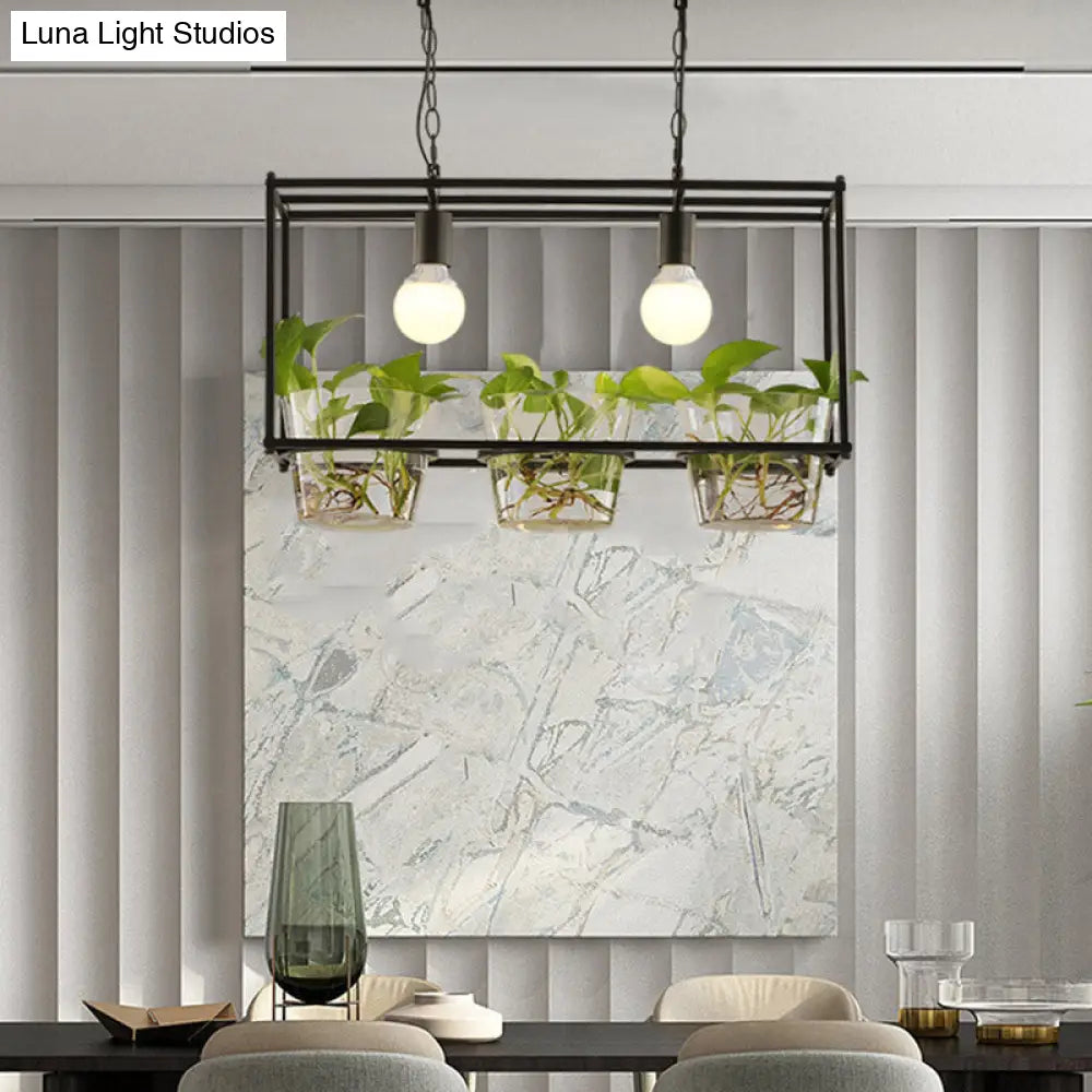 Retro Metal Rectangle Island Ceiling Light - Black/Gold Dining Room Led Suspension Lamp