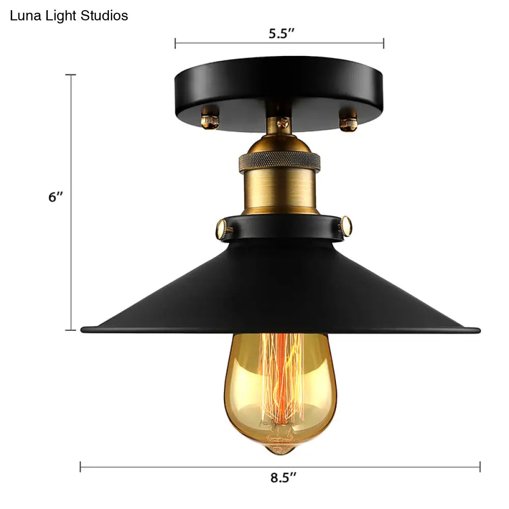 Retro Metallic Semi Flush Mount Ceiling Light - Black/Rust Cone Shade 1 Head Close To Lighting For