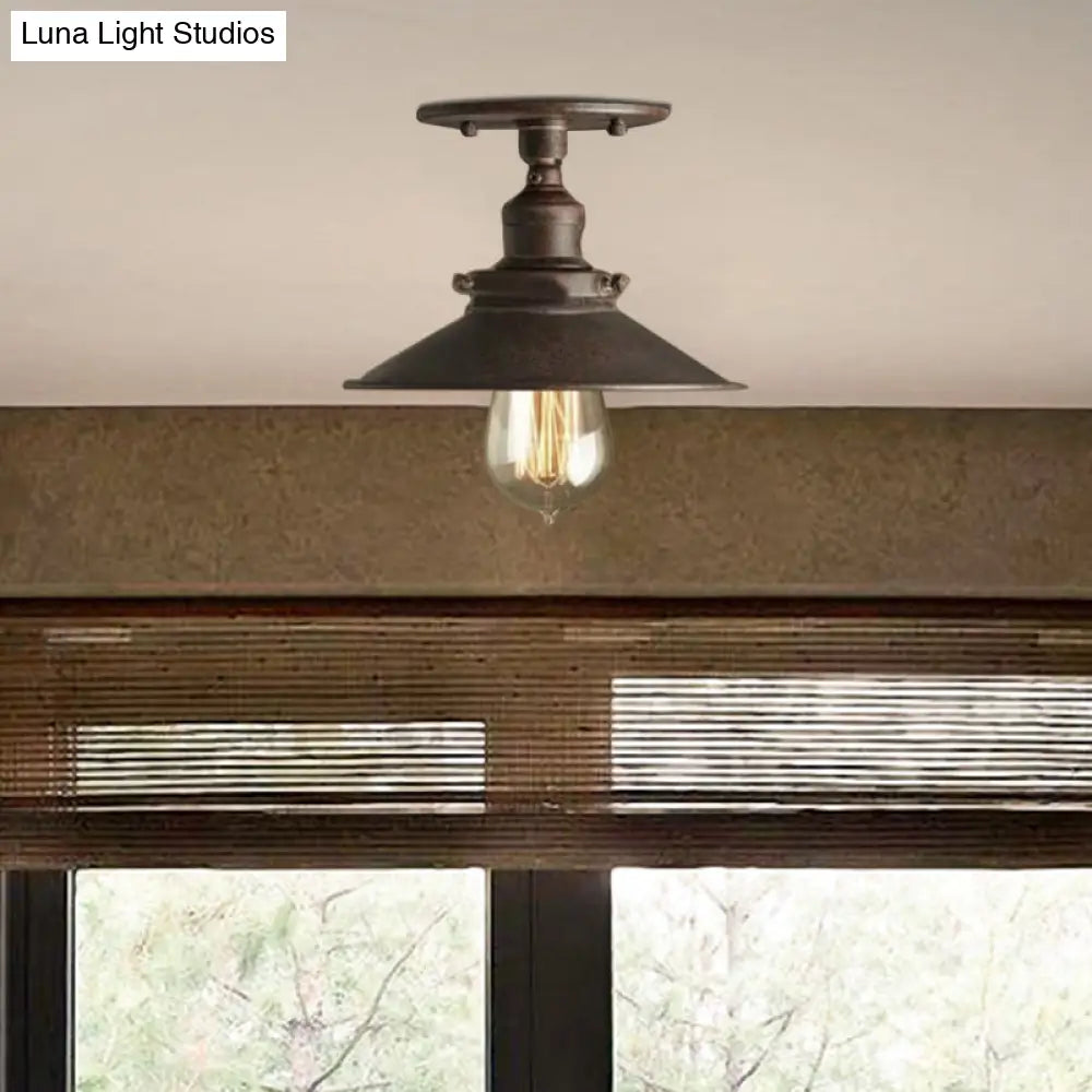Retro Metallic Semi Flush Mount Ceiling Light - Black/Rust Cone Shade 1 Head Close To Lighting For