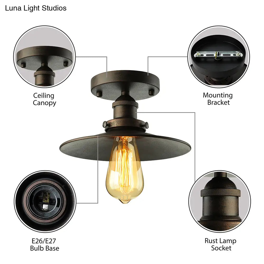 Retro Metallic Semi Flush Mount Ceiling Light - Black/Rust Cone Shade 1 Head Close To Lighting For