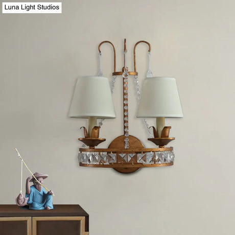 Retro Metallic Wall Mount Lamp With Fabric Shade - Rustic 2-Head Candelabra Lighting Idea