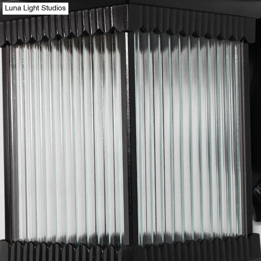 Retro Outdoor Led Wall Lighting: Ribbed Glass Square Solar Light In Black