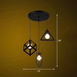 Retro Pendant Ceiling Light With Iron Frame - 3 Bulbs Multi Lamp Ideal For Restaurants Black / Round
