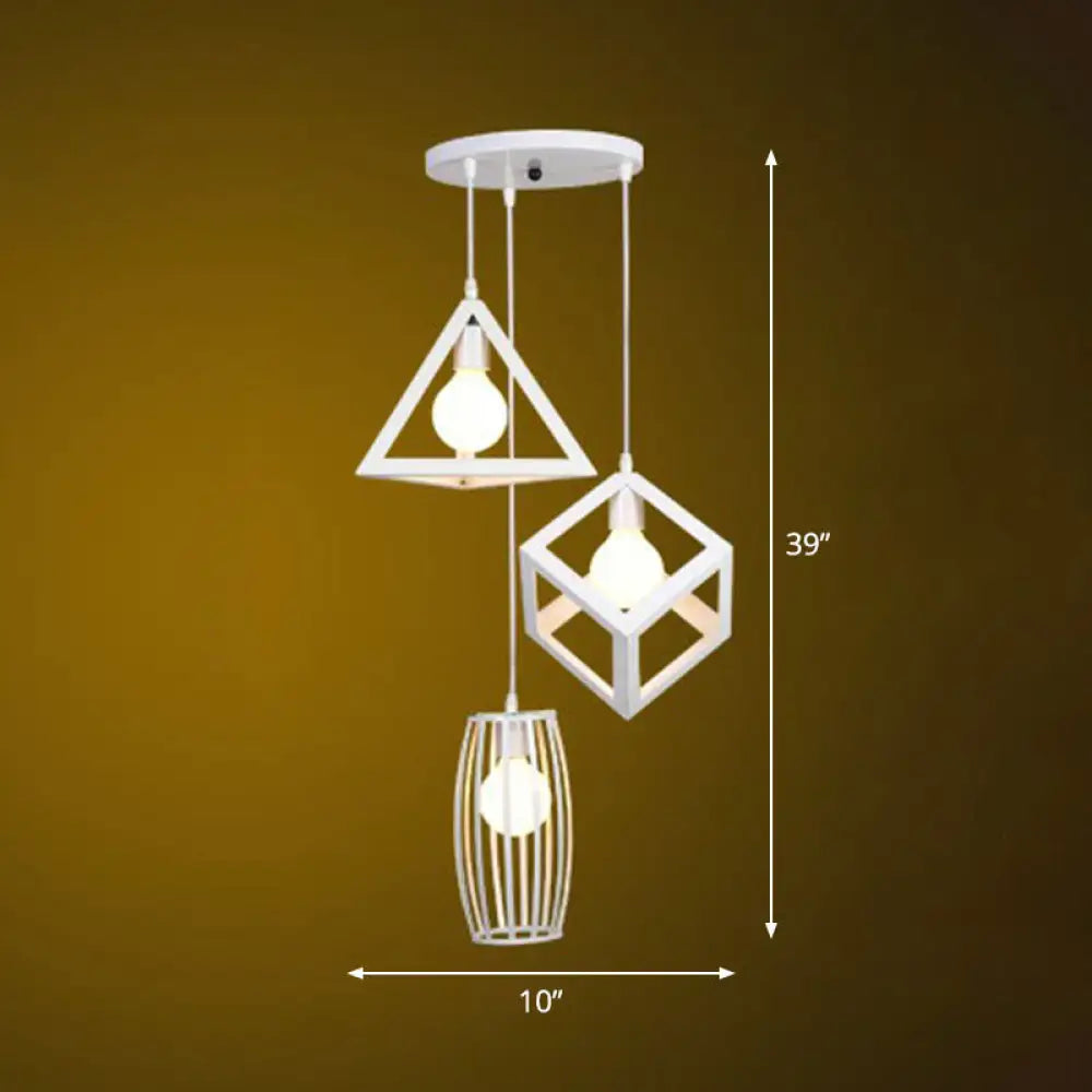 Retro Pendant Ceiling Light With Iron Frame - 3 Bulbs Multi Lamp Ideal For Restaurants White / Round