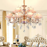 Retro Pink Floral Chandelier Pendant Light With Ruffle Accents Opaque Glass & Hanging Crystal For