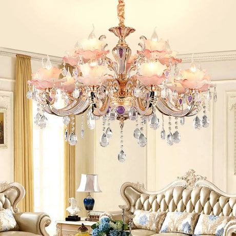Retro Pink Floral Chandelier Pendant Light With Ruffle Accents Opaque Glass & Hanging Crystal For