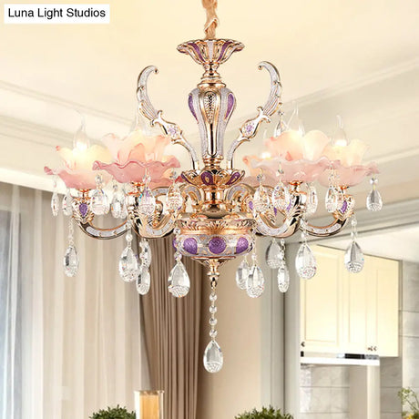 Retro Pink Floral Chandelier Pendant Light With Ruffle Accents Opaque Glass & Hanging Crystal For