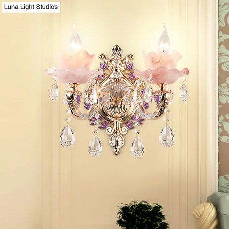 Retro Pink Floral Chandelier Pendant Light With Ruffle Accents Opaque Glass & Hanging Crystal For