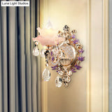 Retro Pink Floral Chandelier Pendant Light With Ruffle Accents Opaque Glass & Hanging Crystal For