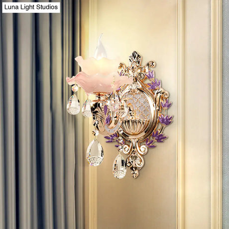 Retro Pink Floral Chandelier Pendant Light With Ruffle Accents Opaque Glass & Hanging Crystal For