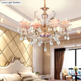 Retro Pink Floral Chandelier Pendant Light With Ruffle Accents Opaque Glass & Hanging Crystal For