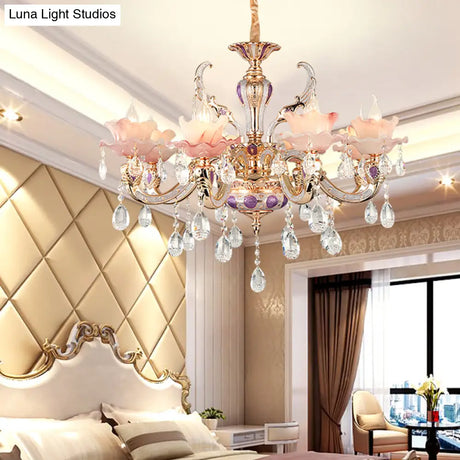 Retro Pink Floral Chandelier Pendant Light With Ruffle Accents Opaque Glass & Hanging Crystal For