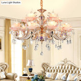 Retro Pink Floral Chandelier Pendant Light With Ruffle Accents Opaque Glass & Hanging Crystal For