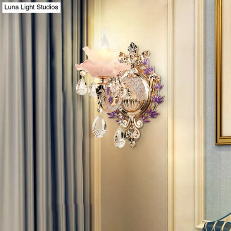 Retro Pink Glass Wall Lamp With Gold Floral Ruffle Design - Elegant Living Room Light Fixture