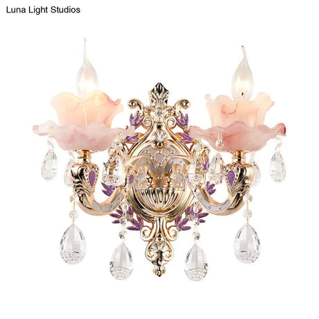 Retro Pink Glass Wall Lamp With Gold Floral Ruffle Design - Elegant Living Room Light Fixture