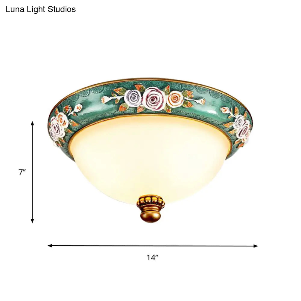 Retro Resin Flush Mount Light Fixture - Green Floral Design With Dome Shade 3 - Light Bedroom