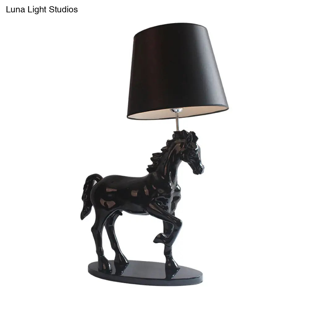 Retro Resin Single Bedside Table Lamp With Black Steed Nightstand Light & Cone Fabric Shade