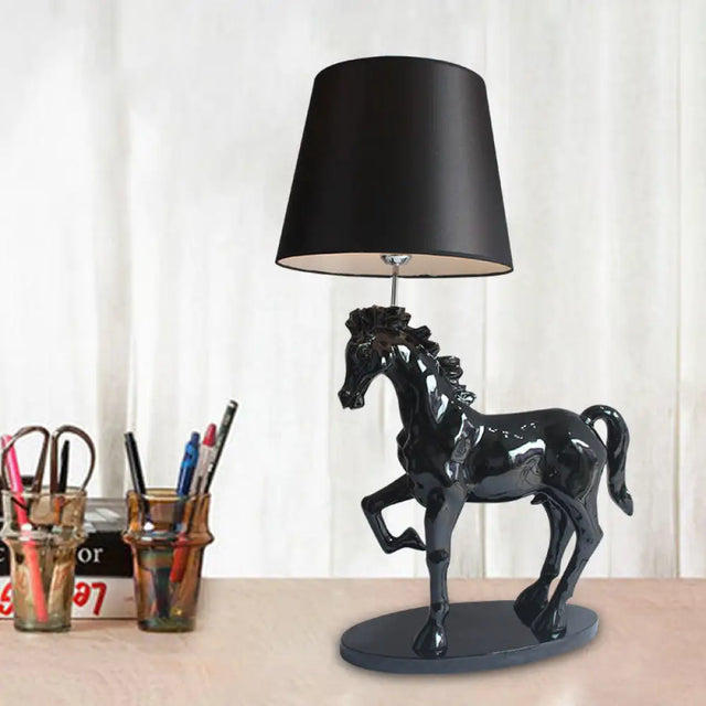 Retro Resin Single Bedside Table Lamp With Black Steed Nightstand Light & Cone Fabric Shade