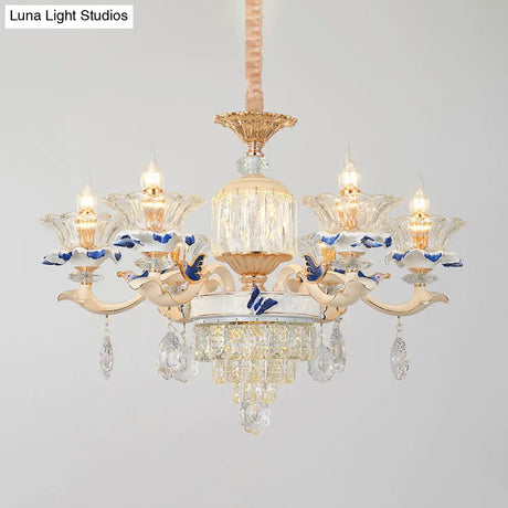 Retro Ribbed Glass Suspension Light With Crystal Draping In White - Perfect For Living Rooms