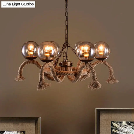 Retro Rust Finish Chandelier - 6 Lights Global Lighting Rope Suspension Smoke Grey Glass Shade