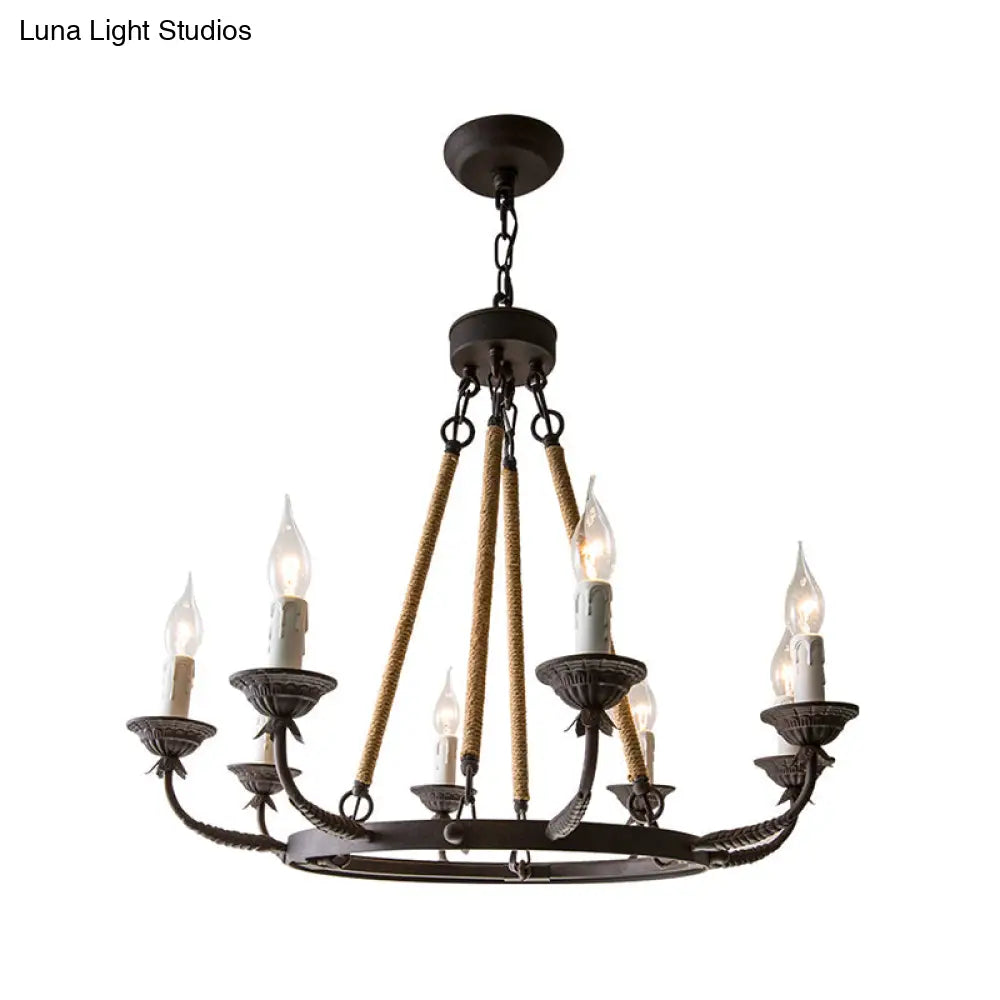Retro Rustic Candelabra Chandelier With Hemp Rope Cord - Perfect For Living Room Pendant Lighting