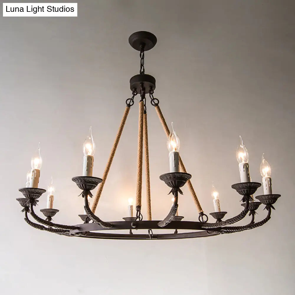 Retro Rustic Candelabra Chandelier With Hemp Rope Cord - Perfect For Living Room Pendant Lighting
