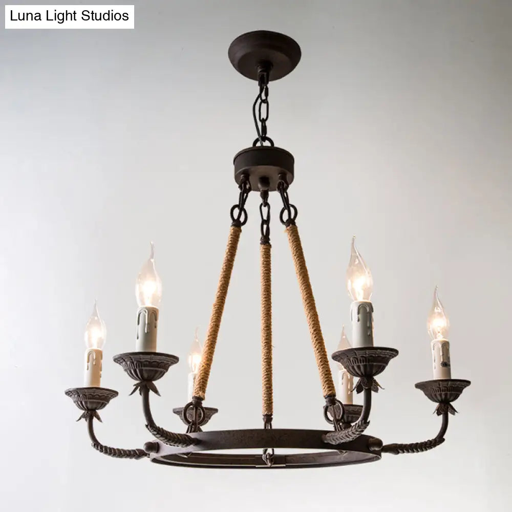 Retro Rustic Candelabra Chandelier With Hemp Rope Cord - Perfect For Living Room Pendant Lighting