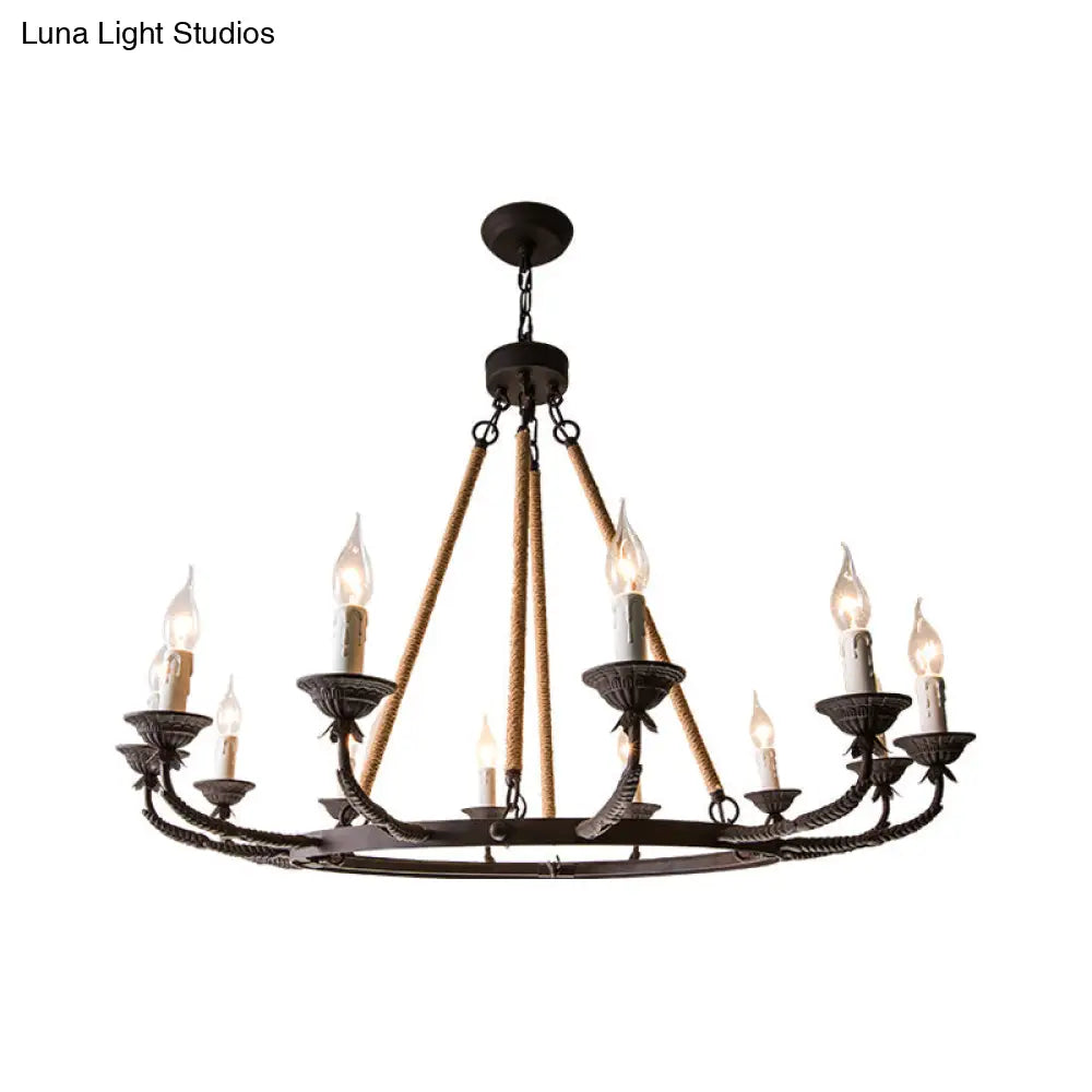 Retro Rustic Candelabra Chandelier With Hemp Rope Cord - Perfect For Living Room Pendant Lighting