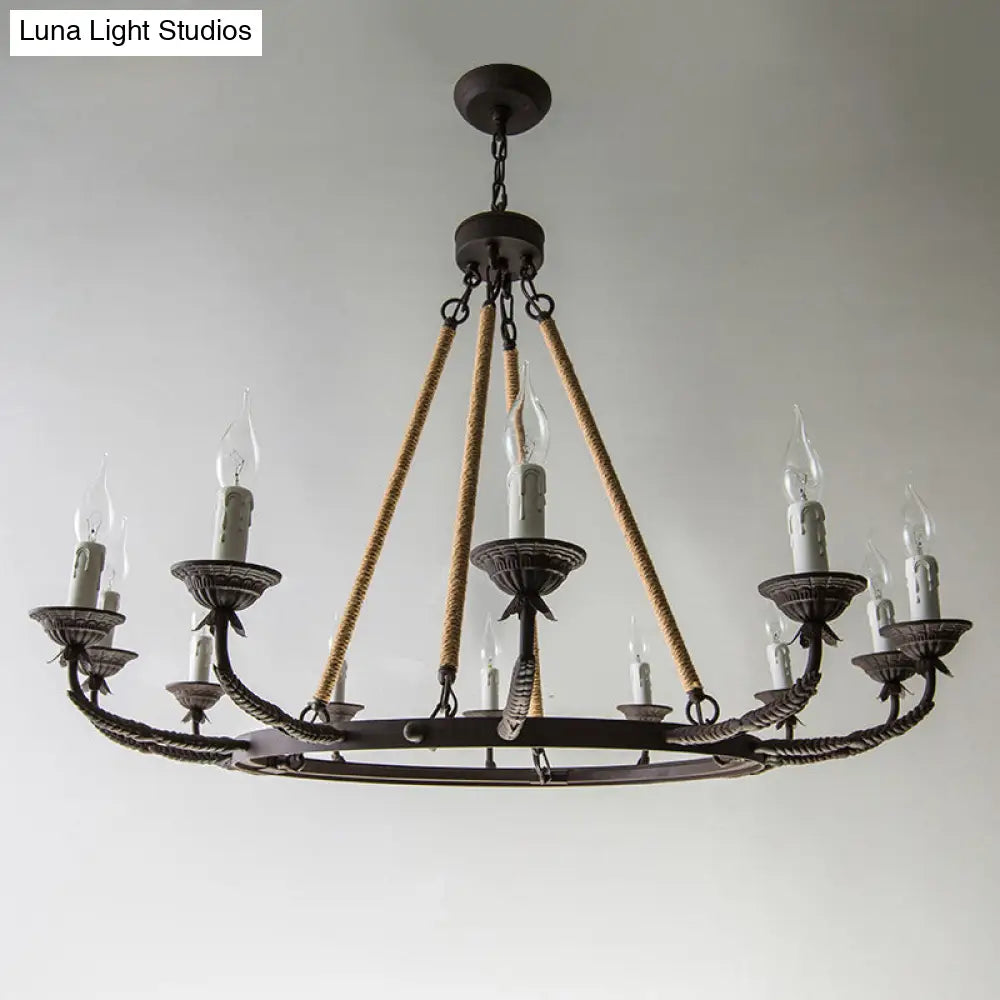 Retro Rustic Candelabra Chandelier With Hemp Rope Cord - Perfect For Living Room Pendant Lighting