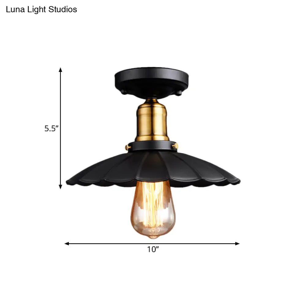 Retro Scalloped Edge Ceiling Light Fixture - Stylish 1 - Bulb Semi Flush In Metallic Black/White