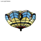 Retro Stained Glass 2-Light Flush Mount For Dining Room - Bowl Shade Light Fixture