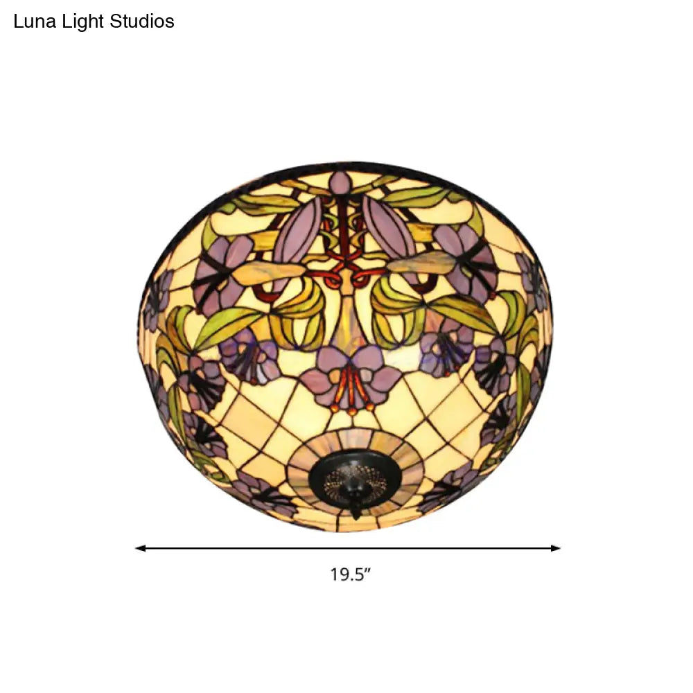Retro Stained Glass Flushmount Ceiling Light With Morning Glory Pattern - Purple